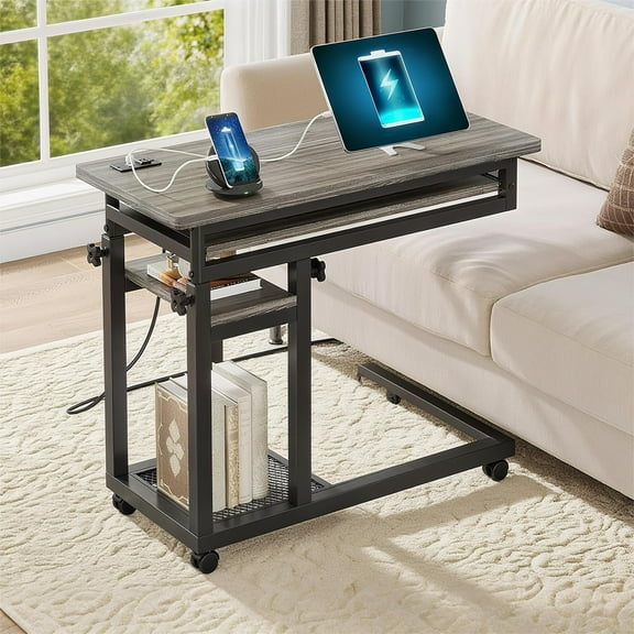 Fnova Small Portable Desk with Charging Station, Height Adjustable Mobile Desk with 4 Wheels, USB Ports & Power Outlet, Rolling Computer Cart, C Side Table for Sofa Couch Bedside, Gray