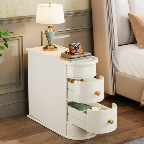 Fnova Solid Wood End Table with 2 Drawers, No Assembly Required, Narrow Side Tables for Living Room, Bedroom, White
