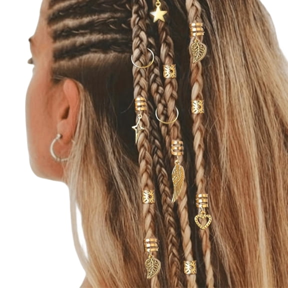 Lantu 45PCS Boho Style Hair Jewelry Set, Gold Braid Cuffs with Charms, Hair Accessories for Dreadlocks & Twists