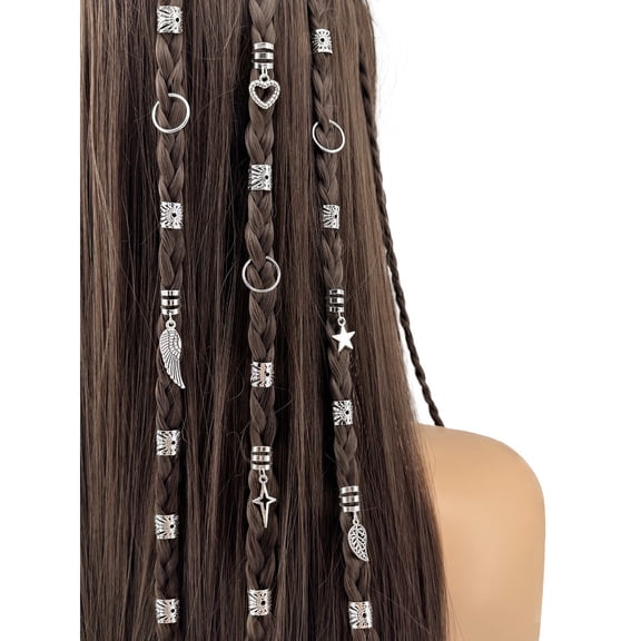 Lantu 45PCS Boho Style Hair Jewelry Set, Silver Braid Cuffs with Charms, Hair Accessories for Dreadlocks & Twists