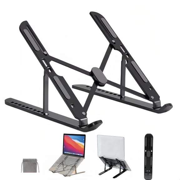 Lantu Black 10-Level Adjustable Aluminum Laptop Stand, Foldable Portable Cooling Notebook Riser, Compatible with 10-17.3 Inch Laptops for Office and Home Use