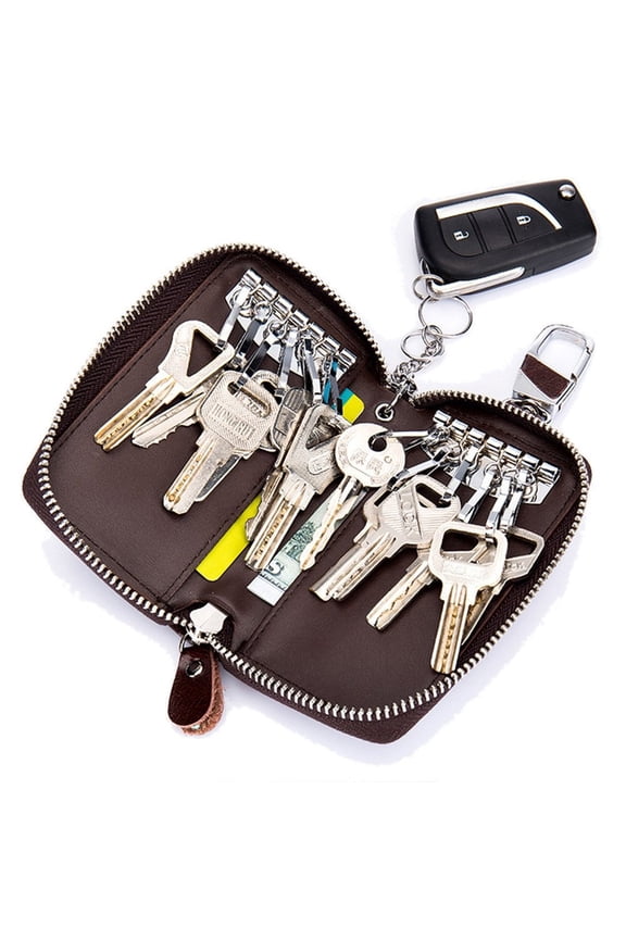 Genuine Leather Key Case Wallet, 12 Key Hooks Zipper Key Holder with 2 Card Slots & Coin Pocket, Car Key Organizer Bag for Men Women