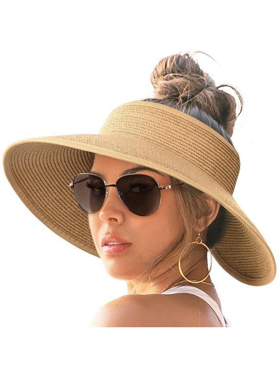 Khaki UPF 80+ Wide Brim Straw Visor Hat, Roll Up Foldable Ponytail Sun Hat for Women, UV Protection Beach Sun Visor for Travel, Vacation, Outdoor