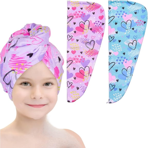 Lantu Microfiber Hair Drying Towels 2 Pack, Quick Absorbent Hair Turban with Button, Heart Print for Women & Girls