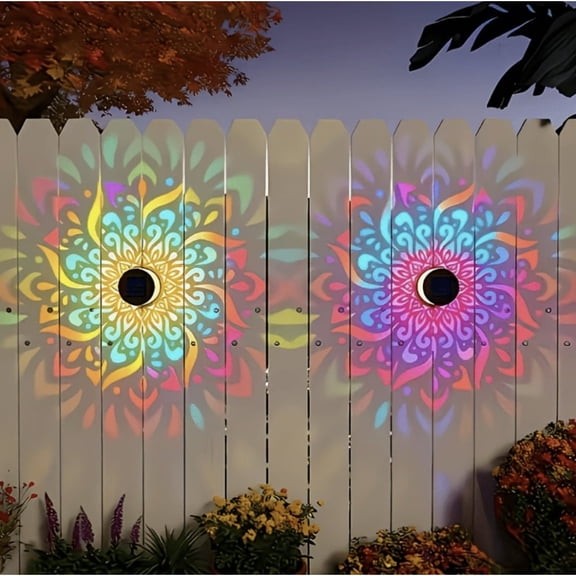 Lantuu 2 Pack Rainbow Solar Mandala Pattern Outdoor Lights, Waterproof LED Projection Wall Lights for Garden, Patio, Yard & Fence Decor