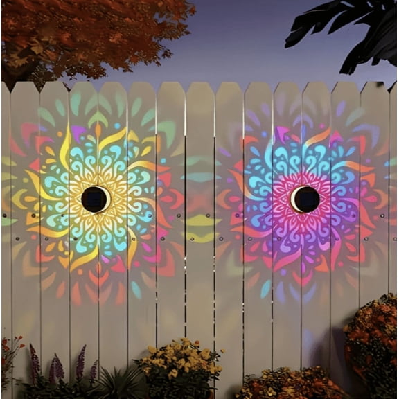 Lantuu 2 Pack Rainbow Solar Mandala Pattern Outdoor Lights, Waterproof LED Projection Wall Lights for Garden, Patio, Yard & Fence Decor