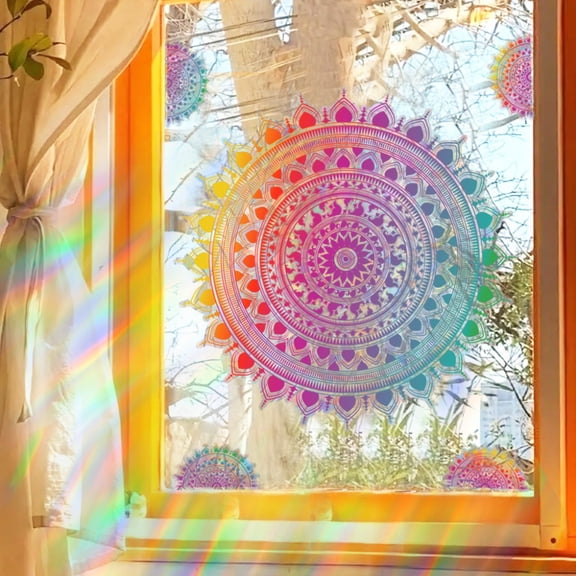 Lantuu 4 Pack Mandala Rainbow Suncatcher Window Clings, Holographic Prism Window Decals for Glass, Anti-Collision Decorative Stickers for Home
