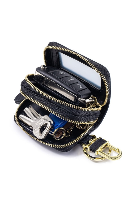 Genuine Leather Double-Zipper Key Pouch, Transparent Car Key Holder, Waist-Wearable Universal Portable Key Pouch