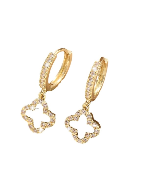 Gold Plated Clover Charm Hoop Earrings, Pave Crystal Four-Leaf Clover Drop Huggie Earrings for Women High-Quality Materials Hypoallergenic & Safe