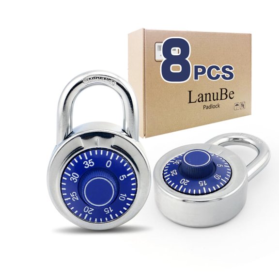 LanuBe Standard Dial Combination Lock, 2 in. Wide, with Different Combinations, Blue Turnplate, Pack of 8; Lock for School, Employee, Gym Sports Locker, Case, Toolbox, and so on