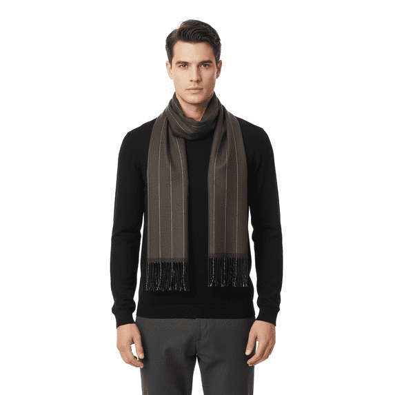 Lanvin 100% Wool Scarf – Brown Pinstripe, Lightweight Fringed Design for Mens