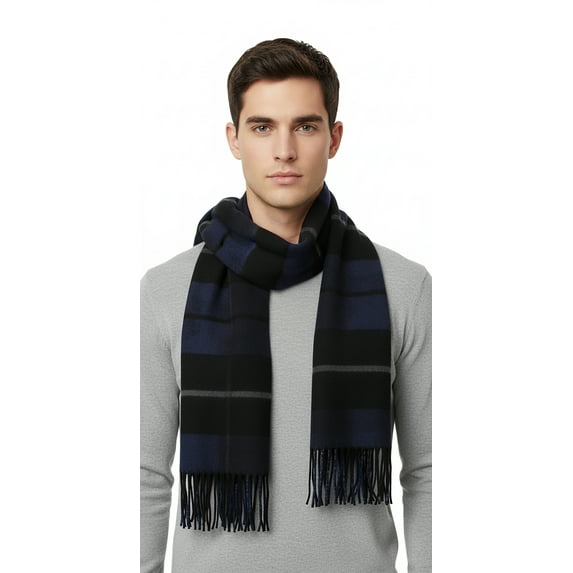 Lanvin 100% Wool Scarf – Plaid Black and Blue, Elegant Fringed Design for Mens
