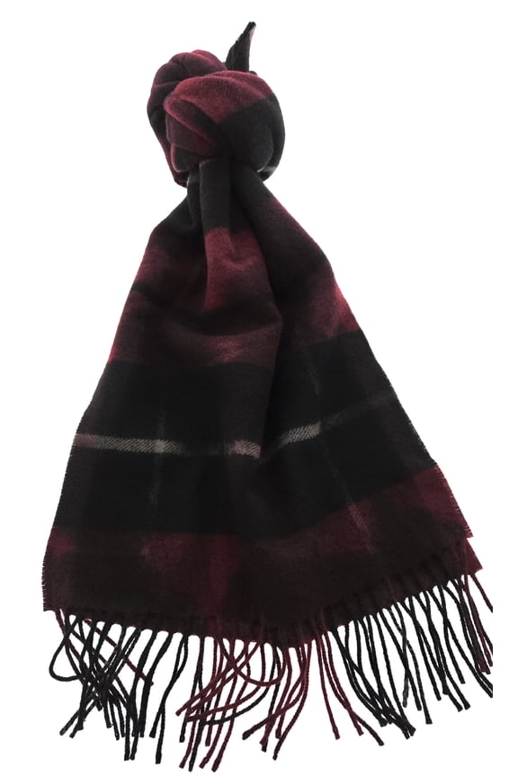 100% Wool Scarf  Plaid Burgundy and Black,  Fringed Winter Wrap for Mens