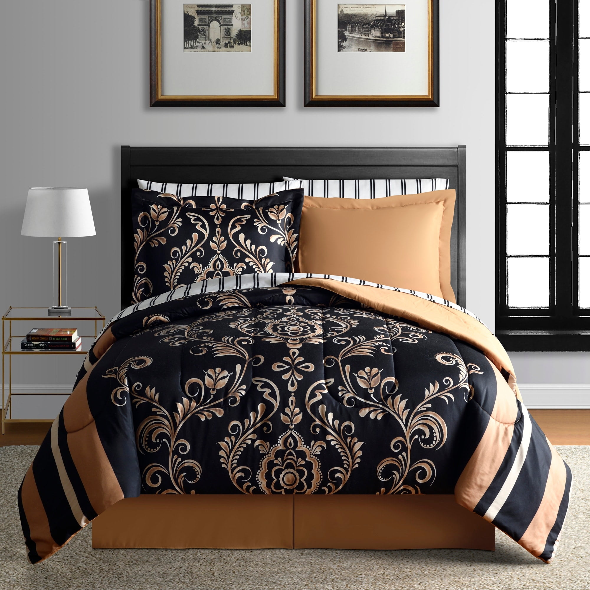 Sabrina Black and Gold Microfiber Queen Bed-in-a-Bag Set
