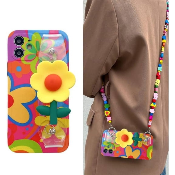 Lanyard Case Compatible with iPhone 16 Pro Case 6.3 inches, Crossbody case with Strap and Wrist Band,Unique Cute Kawaii Colorful Painting Flowers Design for Girls and Women