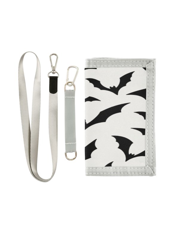 Lanyard Foldable Wallet Bat Silhouette Pattern Cute Novelty Nylon Wallet with ID Card Slots Zipper Key Ring, Holiday Gift for Boys Girls