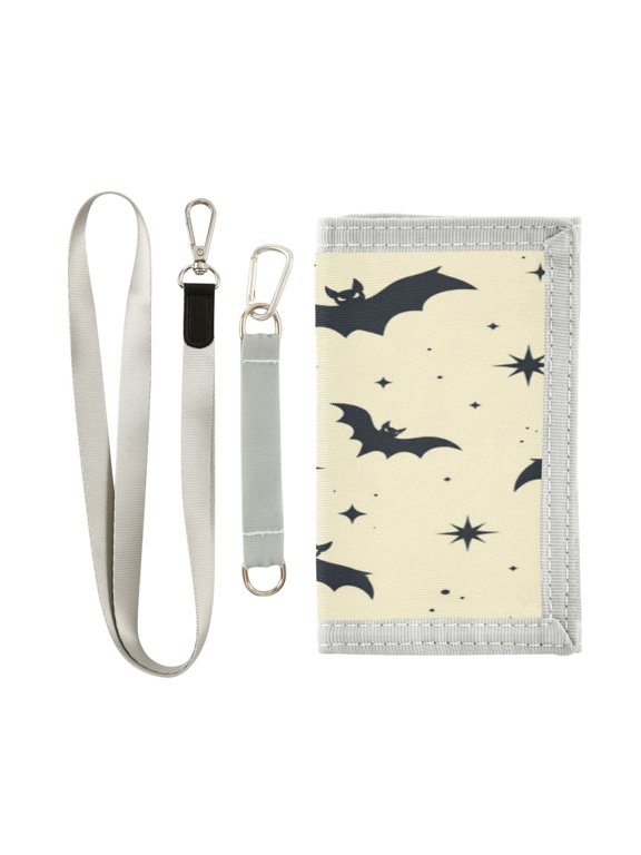 Lanyard Foldable Wallet Bat Star Seamless Pattern Cute Novelty Nylon Wallet with ID Card Slots Zipper Key Ring, Holiday Gift for Boys Girls