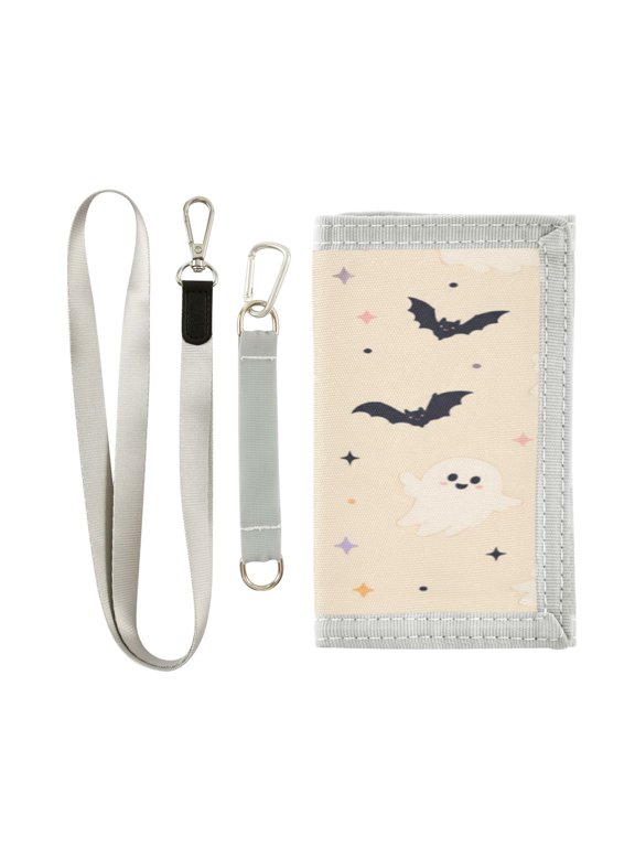 Lanyard Foldable Wallet Beige Halloween Bat Pattern Cute Novelty Nylon Wallet with ID Card Slots Zipper Key Ring, Holiday Gift for Boys Girls