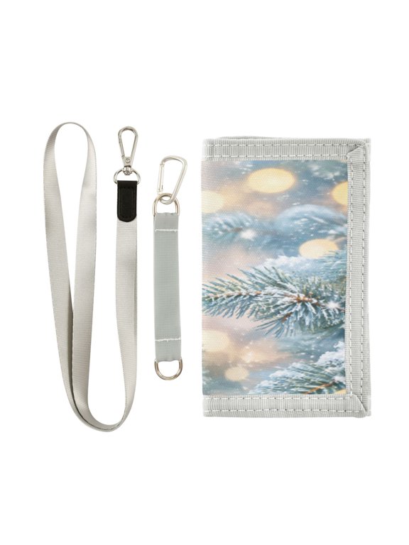 Lanyard Foldable Wallet Blue Winter Snowy Pine Cute Novelty Nylon Wallet with ID Card Slots Zipper Key Ring, Holiday Gift for Boys Girls