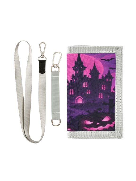 Lanyard Foldable Wallet Crow Bat Moon Halloween Cute Novelty Nylon Wallet with ID Card Slots Zipper Key Ring, Holiday Gift for Boys Girls
