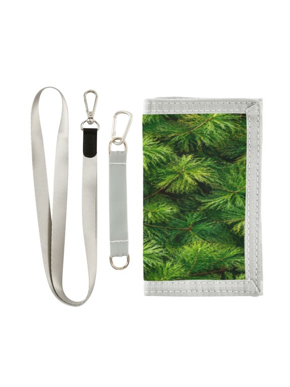 Lanyard Foldable Wallet Green Pine Tree Forest Pattern Cute Novelty Nylon Wallet with ID Card Slots Zipper Key Ring, Holiday Gift for Boys Girls