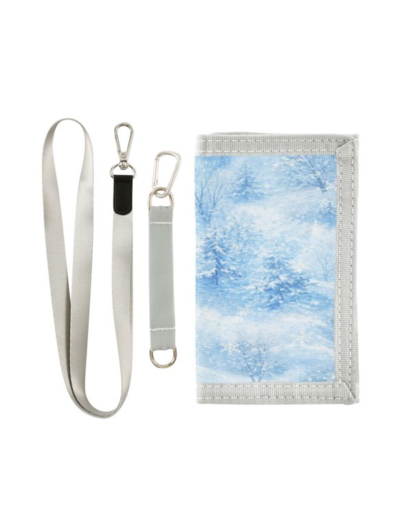 Lanyard Foldable Wallet Winter Calm Forest Snowscape Cute Novelty Nylon Wallet with ID Card Slots Zipper Key Ring, Holiday Gift for Boys Girls
