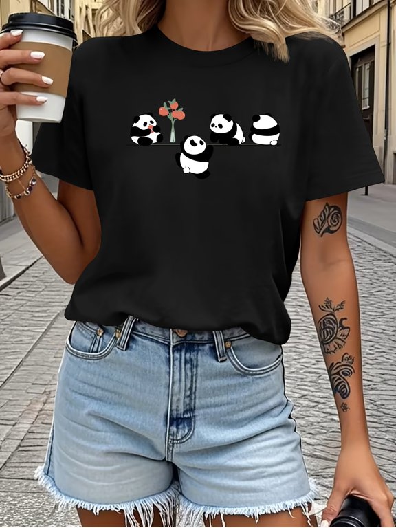 Lanyard Panda Print Short Sleeve Tee Cute Crew Neck Casual Top
