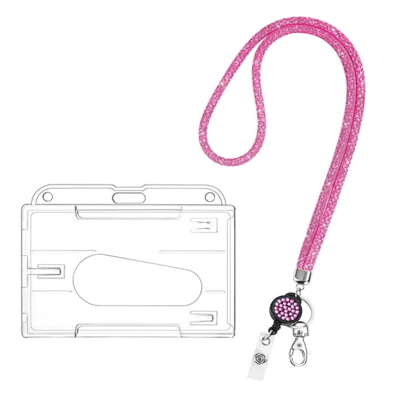 Lanyard Retractable Badge Reel with Badge Reel Clip, Waterproof Portable Card Holder with Rhinestones Clasp for Id Card, Durable Horizontal Badges Holders for Worker Office, 1Pc(Pink,3.5x2.6")