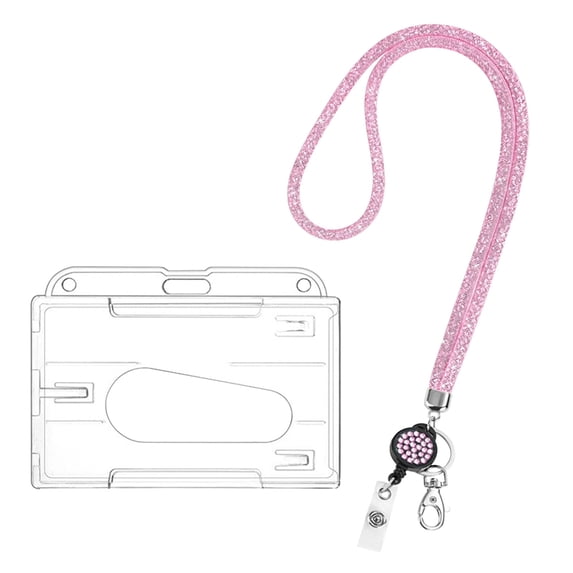 Lanyard Retractable Badge Reel with Badge Reel Clip, Waterproof Portable Card Holder with Rhinestones Clasp for Id Card, Durable Horizontal Badges Holders for Worker Office, 1Pc(Pink1,3.5x2.6")