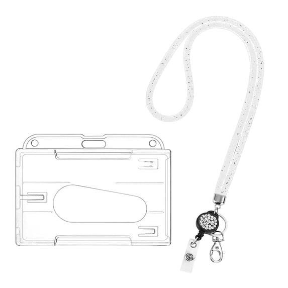 Lanyard Retractable Badge Reel with Badge Reel Clip, Waterproof Portable Card Holder with Rhinestones Clasp for Id Card, Durable Horizontal Badges Holders for Worker Office, 1Pc(White,3.5x2.6")