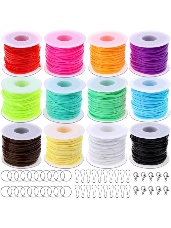Lanyard String, Gimp String Kit with 12 Rolls Plastic Lacing Cord, 20 count Snap Clip Hooks, 20 count Key Chain Ring Clips, 10 count Lobster Clasps for Crafts, Bracelet and Lanyards