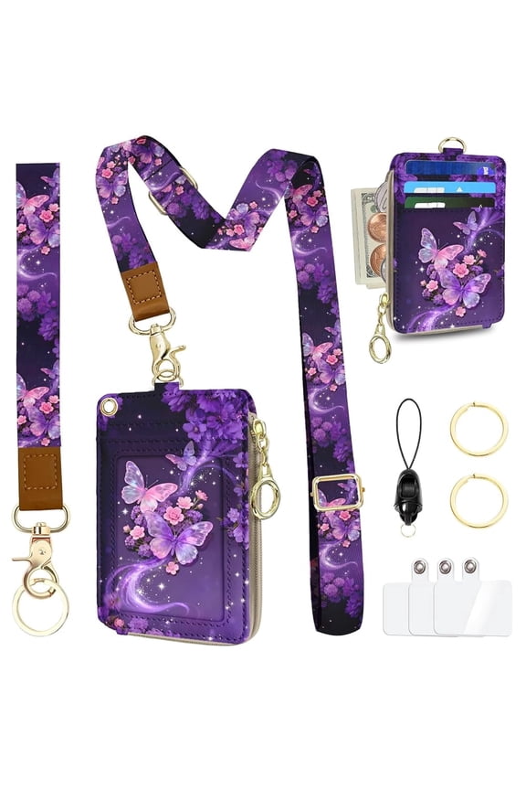 Lanyard Wallet with Id Badge Holder, RFID Small Keychain Wallet Lanyard for Women Wristlet, Pu Leather Zipper Credit Card Holder Phone Wrist Neck Strap for Key Name Tag - Purple Butterfly