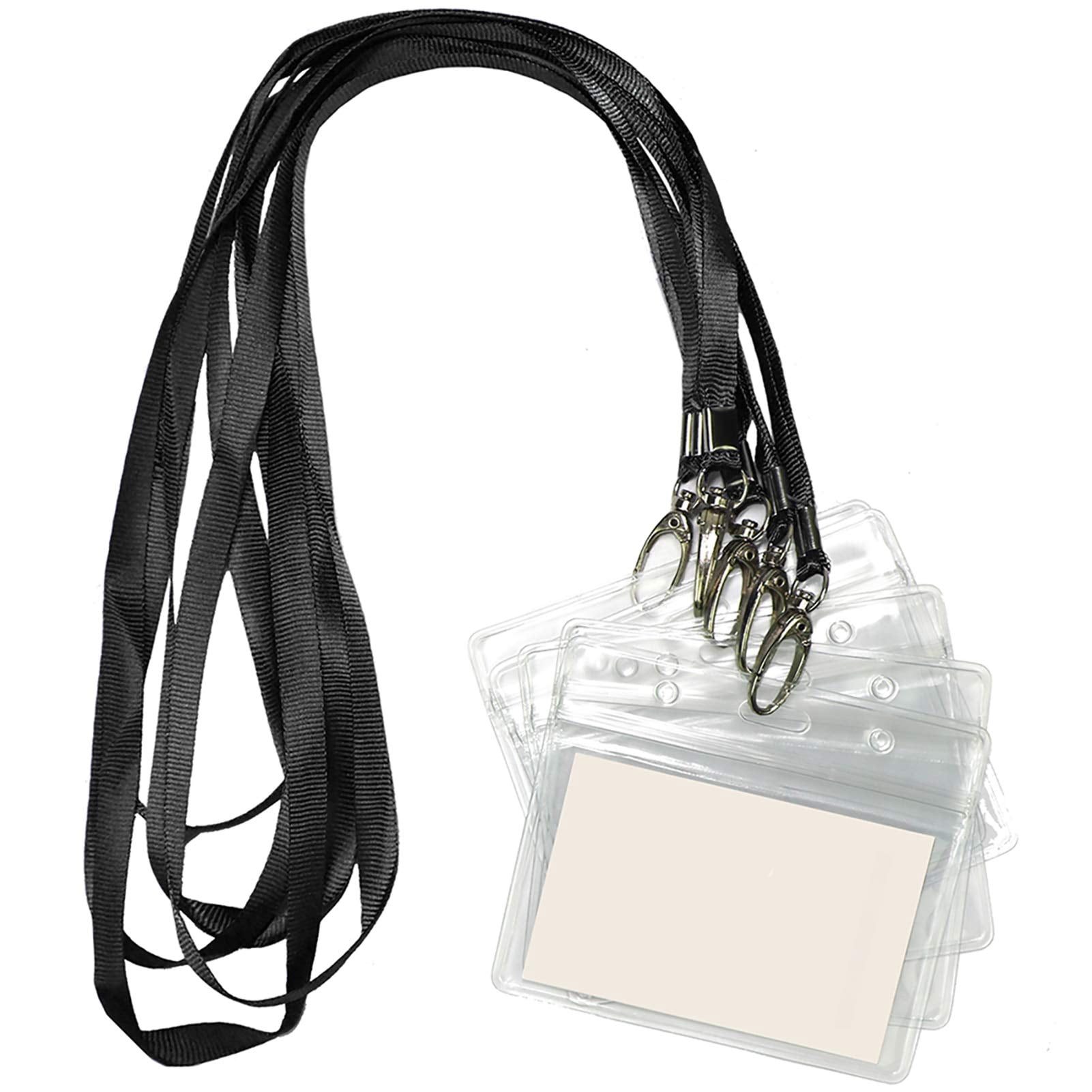Lanyard With Id Holder 50 Waterproof Name Tag Horizontal Badge Card Holders Pass And 50 Flat Neck Black Lanyards Swivel Hook