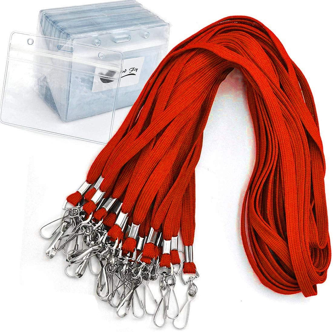Lanyard/badge Holder Pairs (set Of 50  Red): Woven Round Lanyard & Horizontal Sealable Waterproof Clear Plastic Id Card Name Tag