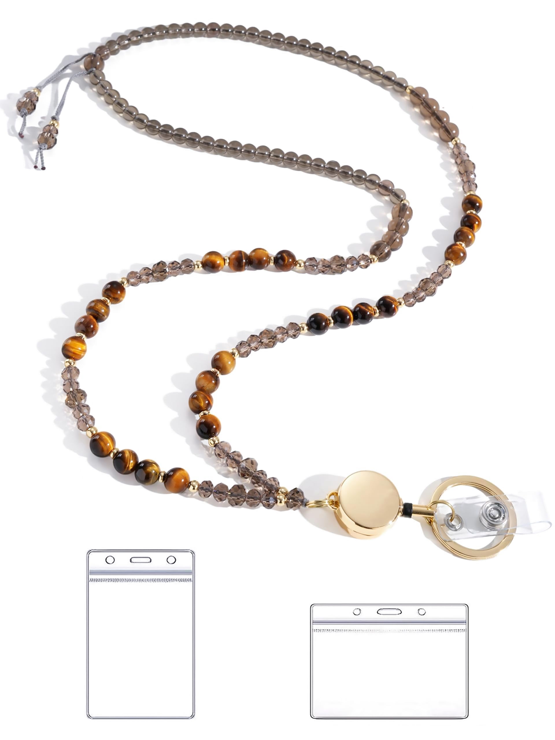Lanyards For Id Badges And Keys Stone Beaded Teacher Lanyard Women Retractable With Holder Cute Teachers(brown)