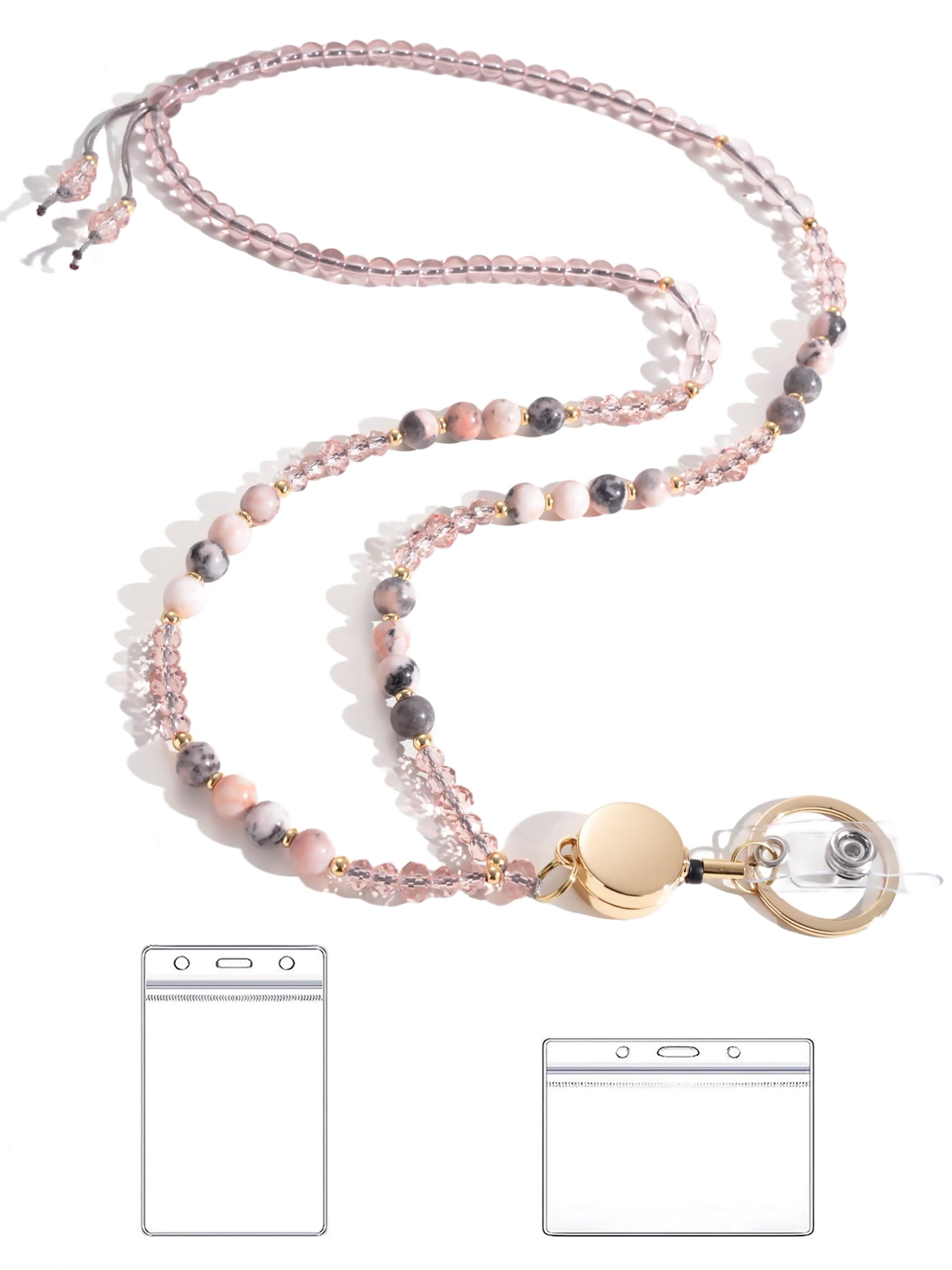 Lanyards For Id Badges And Keys Stone Beaded Teacher Lanyard Women Retractable With Holder Cute Teachers(pink)  Normal
