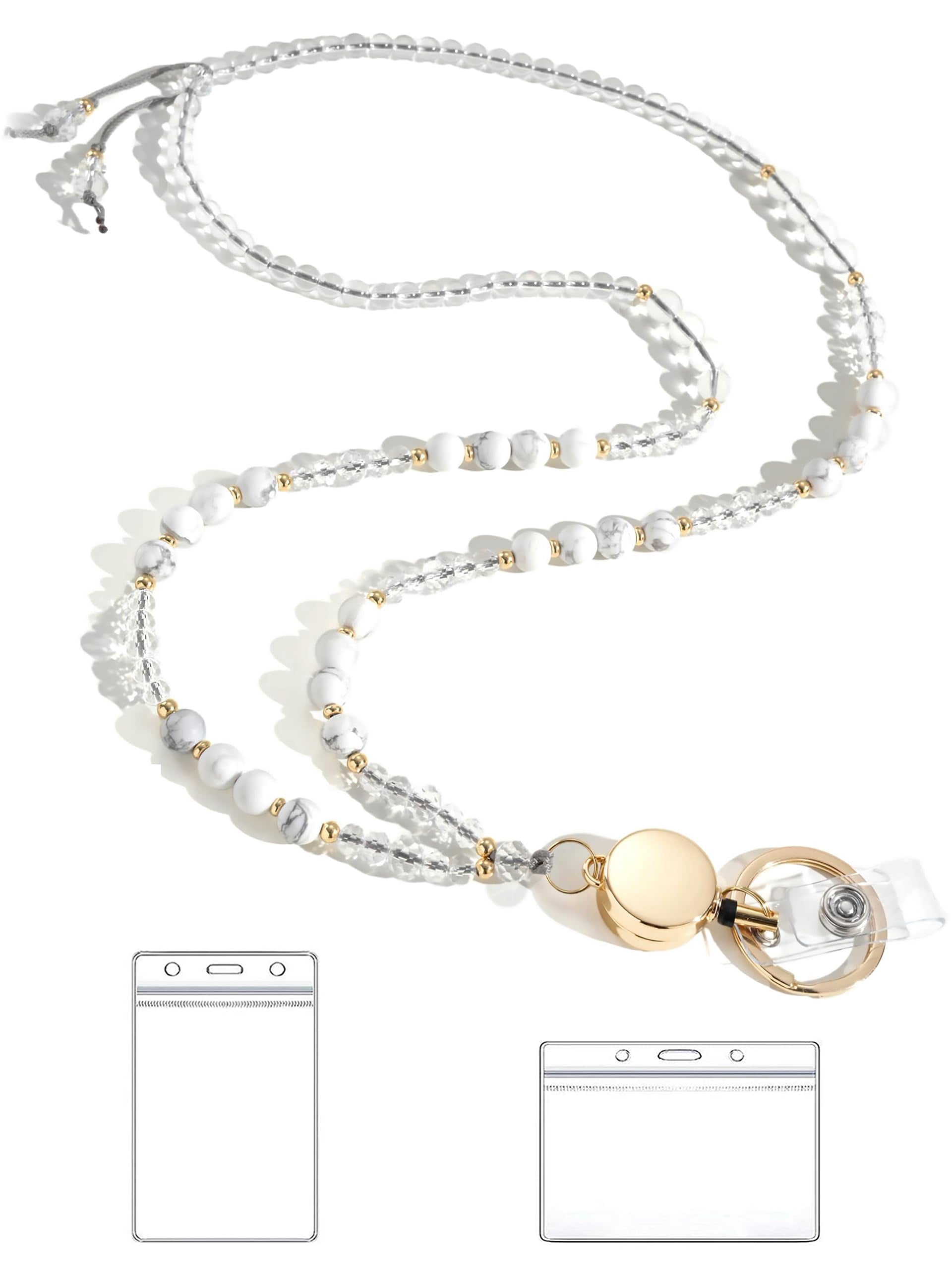 Lanyards For Id Badges And Keys Stone Beaded Teacher Lanyard Women Retractable With Holder Cute Teachers(white)