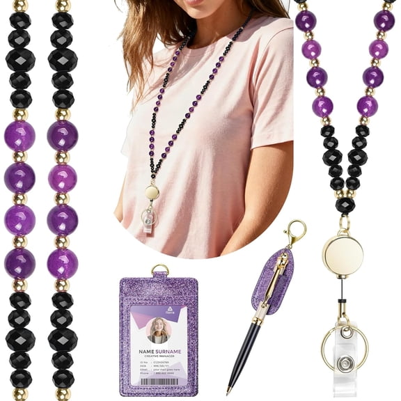 Azrra Natural Stone Beaded Retractable Badge Lanyard with Bling ID Badge Holder and Pen Holder, Cute Teacher Lanyard Necklace for Women