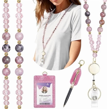 Azrra Natural Stone Beaded Retractable Badge Lanyard with Bling ID Badge Holder and Pen Holder, Cute Teacher Lanyard Necklace for Women