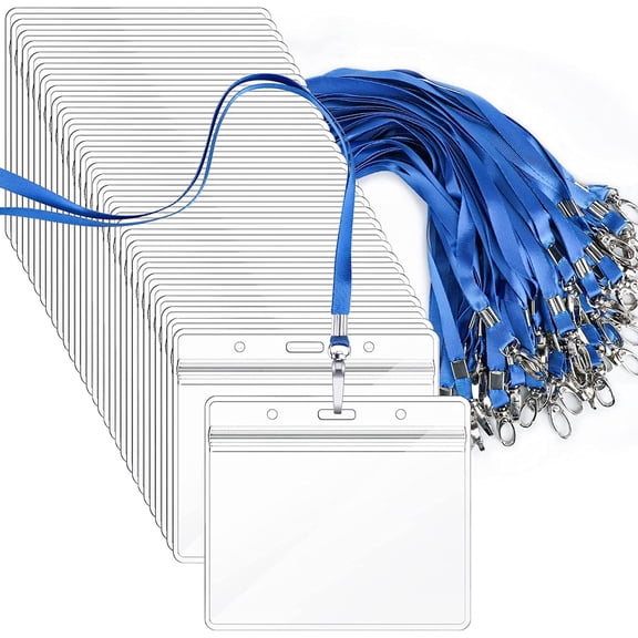 Lanyards with ID Holder - 50 Pack Horizontal Name Tags Badge Holders with Blue Strap Lanyards Bulk, Clear Waterproof Plastic Nametags Badges for School Students Teachers, Work Office Blue 50 PACK