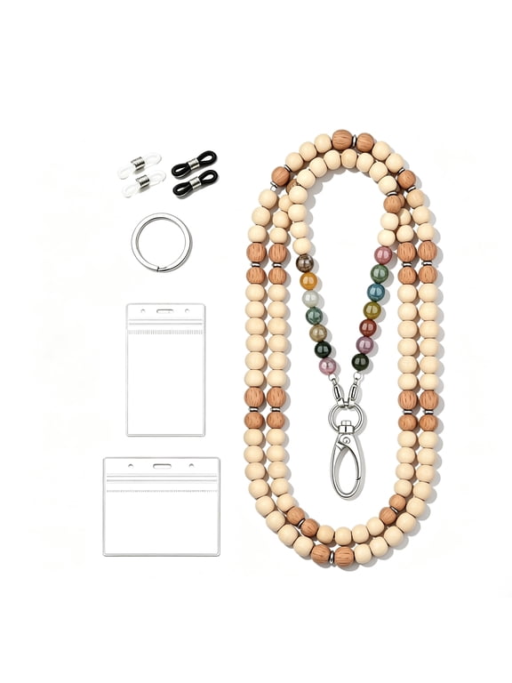 Natural Wooden Beaded Lanyard for ID Badges Keys Cruise Cards with Holder