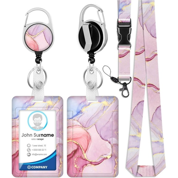 Lanyards for Id Badges, Retractable ID Badge Holder with Detachable Lanyard, Fashionable Badge Reel Heavy Duty with Carabiner Clip, Nurse Teacher Office Gifts, Marble