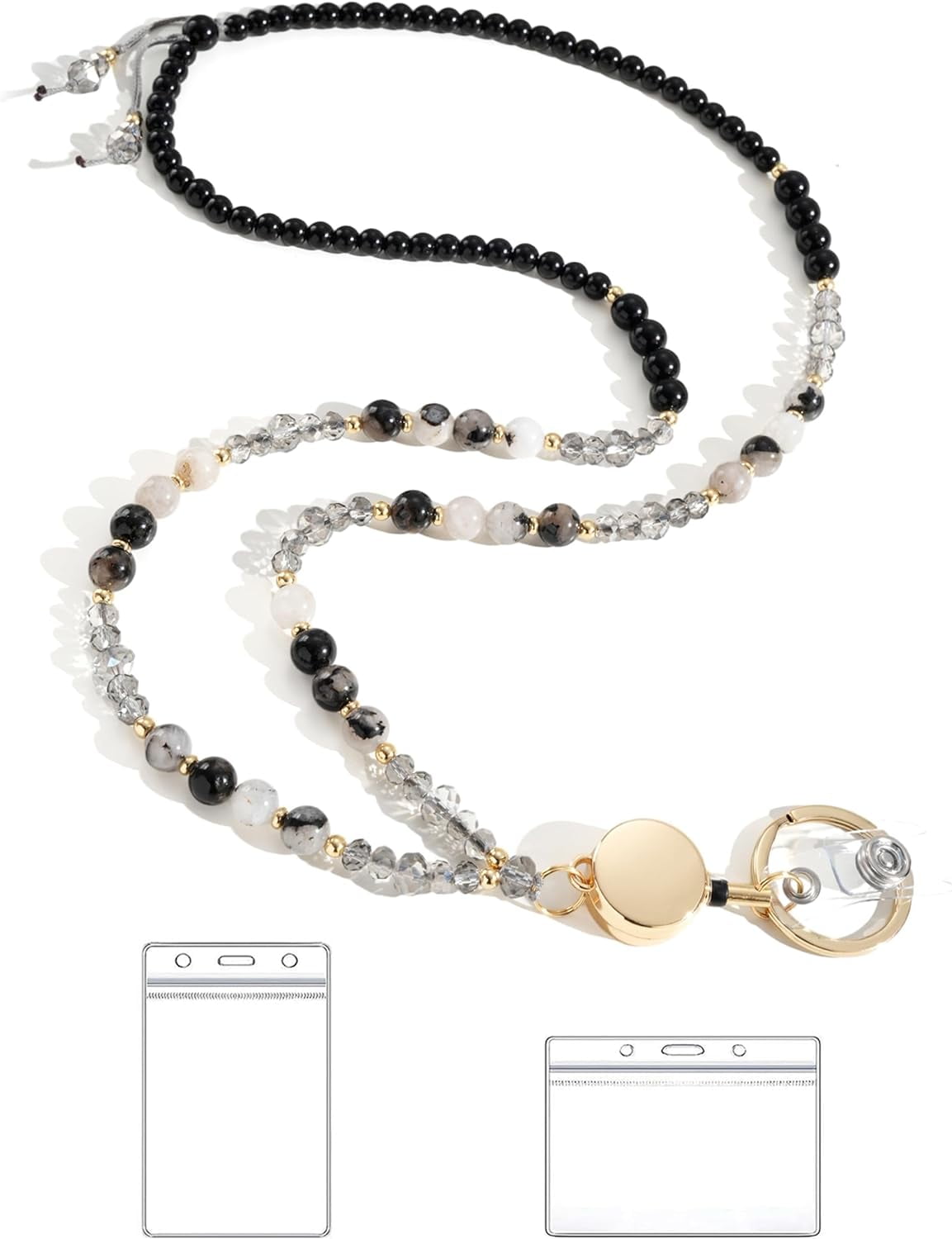 Lanyards for ID Badges and Keys,Natural Stone Beaded Teacher Lanyard for Women,Retractable Lanyard with ID Holder Cute Lanyards