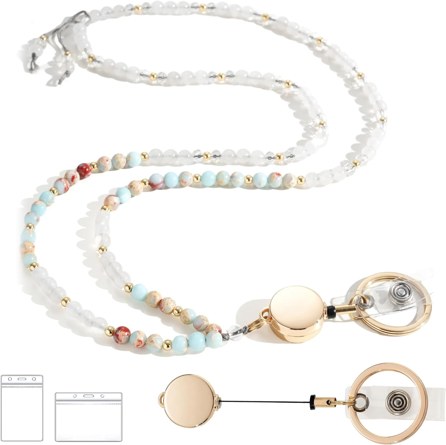Lanyards for ID Badges and Keys, Retractable Beaded Lanyards for Women Natural Stone, Cute Teacher Lanyard with ID Holder Light Cyan