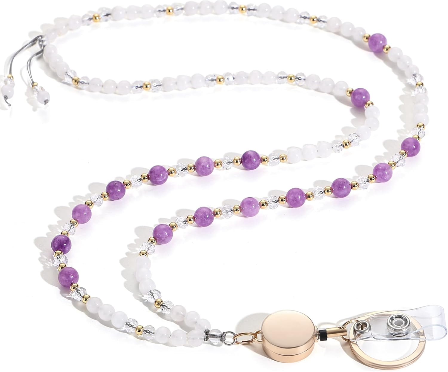 Lanyards for ID Badges and Keys, Retractable Teacher Lanyard for Women Cute, Beaded Lanyard with ID Holder Necklace Lavender Amethyst
