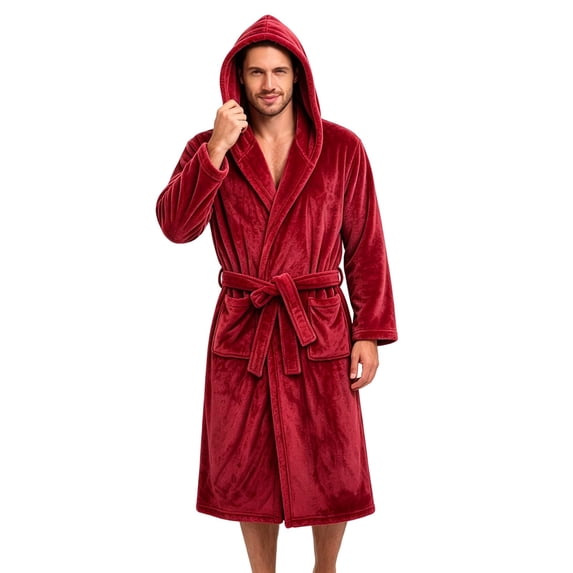 Lanyiu Men Hooded Flannel Bathrobe Full Length Warm Loungewear With Waist Tie Pockets