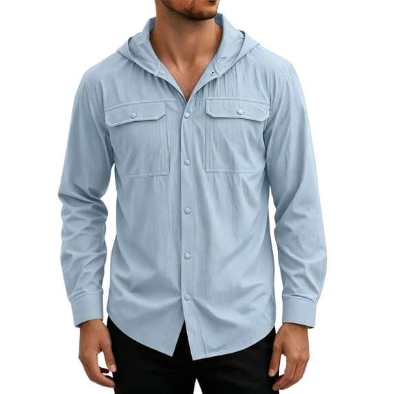 Lanyiu Men Quick-Dry Fishing Long Sleeve Shirt Button Up Hooded Sun Shirt With Pocket Casual Lightweight Shirt for Outdoor