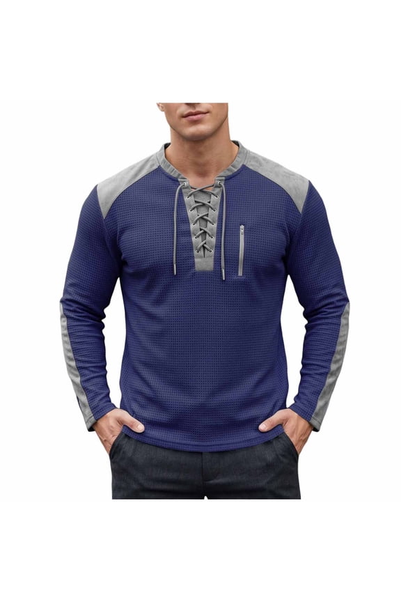 Men Waffle Knit Long Sleeve Top Color Block V Neck Lace Up Top Casual Daily Pullover Top