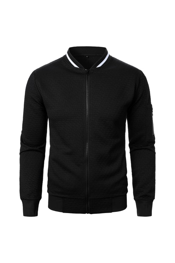 Mens Jacquared Baseball Jacket Zip Up Ribbed Cuff Jacket Athletic Casual Fashion Long Sleeve Jacket