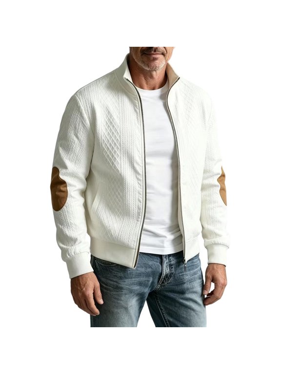 Mens Jacquared Jackets Stand Collar Zip Up Jackets Long Sleeve Coats with Elbow Patches